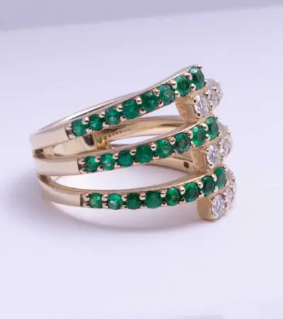 Two Tone Claw Ring with Emeralds & Diamonds